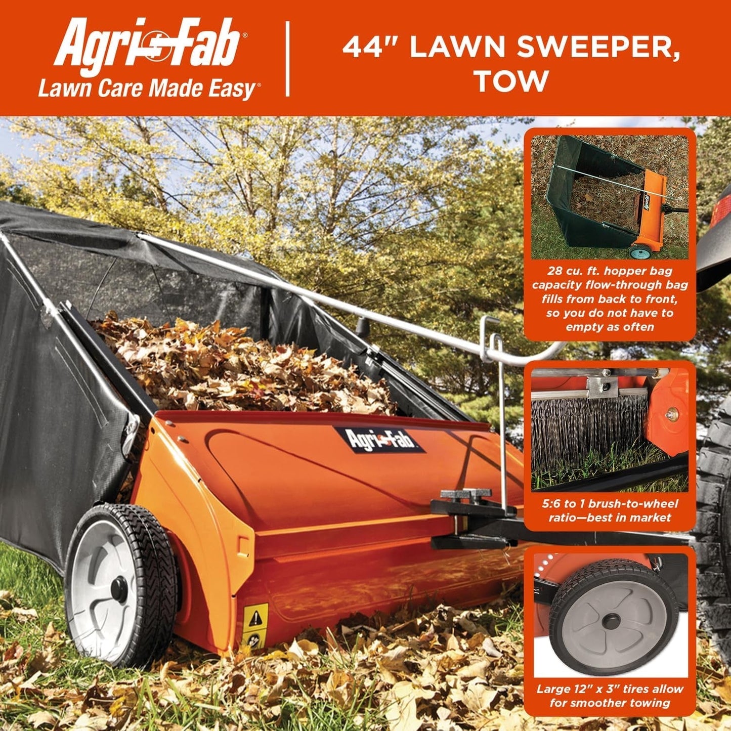 44-Inch Tow-Behind Lawn Sweeper with 25 cu. ft. Mesh Hopper and Ground-Driven Brushes