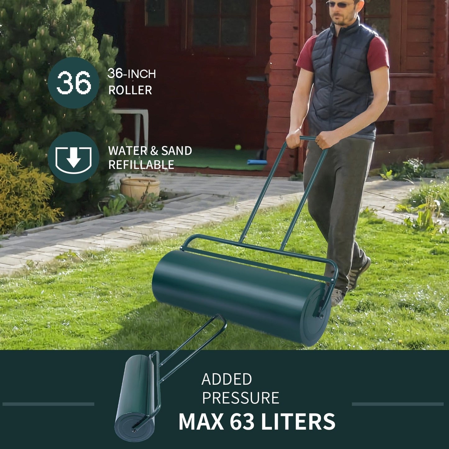 36-Inch Tow-Behind Steel Lawn Roller, Sand or Water Fillable to 600 lb